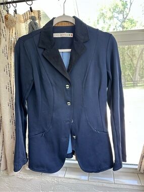 Animo Women’s Show Coat Navy with Black Collar and Tan Suede Details size IT 42